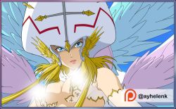 Rule 34 | angel, angel girl, angewomon, angewomon x-antibody, blue eyes, digimon, helmet, highres, long hair, looking at viewer, wings