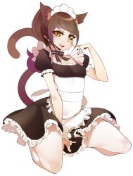 Rule 34 | 1girl, animal ears, apron, between legs, black dress, brown eyes, brown hair, cat ears, cat tail, commentary, dress, english commentary, facial mark, halphelt, hand between legs, hand up, looking at viewer, maid, maid apron, original, pantyhose, ponytail, puffy short sleeves, puffy sleeves, round teeth, short sleeves, simple background, sitting, smile, solo, tail, teeth, upper teeth only, wariza, whisker markings, white apron, white background, white pantyhose