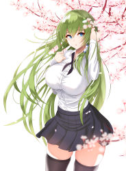 Rule 34 | 1girl, absurdres, black thighhighs, blue eyes, breasts, cherry blossoms, cowboy shot, frog hair ornament, green hair, hair between eyes, hair ornament, highres, huge filesize, kochiya sanae, large breasts, long hair, looking to the side, nekoda (maoda), pleated skirt, shirt, skindentation, skirt, solo, standing, thighhighs, touhou, white shirt, wind