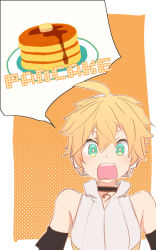 Rule 34 | 1boy, aqua eyes, bass clef, black sleeves, blonde hair, border, butter, d futagosaikyou, detached sleeves, english text, food, halftone, halftone background, headphones, high collar, highres, kagamine len, kagamine len (append), looking at viewer, male focus, open mouth, orange background, pancake, pancake stack, pendant choker, shirt, sleeveless, sleeveless shirt, solo, speech bubble, spoken food, surprised, vocaloid, vocaloid append, white border, white shirt, wide-eyed