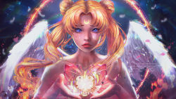 Rule 34 | 1girl, angel wings, artist name, bishoujo senshi sailor moon, blonde hair, blue eyes, commentary, crescent moon, deviantart username, double bun, english commentary, english text, facing viewer, feathered wings, feathers, glowing, hair bun, highres, instagram username, long hair, looking at viewer, moon, parted bangs, parted lips, sailor moon, seiorai, signature, solo, sparkle, tagme, tsukino usagi, twintails, upper body, watermark, web address, white feathers, wings