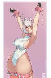 Rule 34 | 1girl, :t, absurdres, ahoge, armpits, arms up, bracelet, breasts, cameltoe, closed eyes, collar, covered erect nipples, covered navel, elphelt valentine, fingerless gloves, gloves, guilty gear, guilty gear strive, hairband, hexprinxess, highleg, highleg leotard, highres, huge ahoge, jewelry, large breasts, leotard, revision, short hair, sideboob, solo, spiked bracelet, spiked collar, spiked gloves, spiked hairband, spiked thighlet, spikes, stretching, thick thighs, thighhighs, thighs, trembling