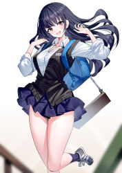 Rule 34 | 1girl, :d, black hair, blue skirt, blue socks, blurry, blurry foreground, boku no kokoro no yabai yatsu, breasts, brown eyes, cardigan vest, collared shirt, commentary request, depth of field, dress shirt, feet out of frame, floating hair, grey footwear, hands up, head tilt, highres, long hair, long sleeves, medium breasts, open mouth, pleated skirt, puffy long sleeves, puffy sleeves, ririko (zhuoyandesailaer), shirt, shoes, simple background, skirt, smile, socks, solo, standing, standing on one leg, swing, teeth, upper teeth only, very long hair, white background, white shirt, yamada anna