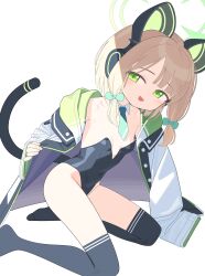 Rule 34 | 1girl, animal ear headphones, animal ears, arm support, black leotard, black thighhighs, blonde hair, blue archive, bow, breasts, cat ear headphones, cat tail, coat, commentary, covered navel, detached collar, fake animal ears, fake tail, green bow, green eyes, green necktie, hair bow, half-closed eyes, halo, headphones, highleg, highleg leotard, highres, kneeling, legs, leotard, long sleeves, looking at viewer, mabera, midori (blue archive), necktie, no shoes, open clothes, open coat, seductive smile, short hair, simple background, small breasts, smile, solo, tail, thighhighs, thighs, white background, white coat