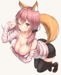 Rule 34 | 10s, 1girl, ;), animal ears, bad id, bad twitter id, beige background, black thighhighs, blush, boots, breast hold, breasts, brown eyes, cleavage, fang, fang out, fate/extra, fate/extra ccc, fate (series), fox ears, fox tail, full body, hair between eyes, hair ornament, hair scrunchie, highres, large breasts, leaning forward, looking at viewer, low twintails, off shoulder, official alternate costume, one eye closed, pink hair, reinama, scrunchie, shorts, simple background, sleeves past wrists, smile, solo, tail, tamamo (fate), tamamo no mae (fate/extra), tamamo no mae (spring casual) (fate), thigh boots, thighhighs, twintails, v