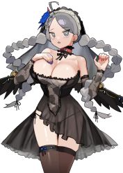 Rule 34 | 1girl, absurdres, ahoge, bare shoulders, black panties, blue eyes, blue nails, braid, breasts, choker, cleavage, commission, commissioner upload, cosplay, earrings, fingernails, fire emblem, fire emblem fates, flower, grey hair, hair flower, hair ornament, hand on own chest, highres, jewelry, large breasts, lingerie, long fingernails, long hair, looking at viewer, magical momo, momo (last origin) (cosplay), nail polish, nina (fire emblem), nintendo, open mouth, panties, red nails, saaal653, see-through, solo, thighhighs, transparent background, twin braids, underwear, upper body