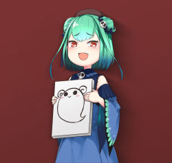 Rule 34 | 1girl, :&gt;, beret, blue dress, blue hair, canvas (object), detached sleeves, double bun, drawing, dress, fang, gradient hair, green hair, hair bun, hair ornament, hat, highres, hololive, multicolored hair, open mouth, red background, red eyes, skull hair ornament, smile, solo, tenbin gashira, uruha rushia, uruha rushia (1st costume), virtual youtuber, wide sleeves