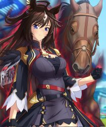 Rule 34 | 1girl, ahoge, animal ears, aura, blue eyes, blurry, blurry background, breasts, cheesecake (artist), cleavage, clenched hand, closed mouth, cloud, commentary request, creature and personification, duramente (umamusume), gloves, hair ornament, highres, horse, horse ears, horse girl, horse tail, long hair, looking at viewer, medium breasts, solo, staring, tail, umamusume, uniform