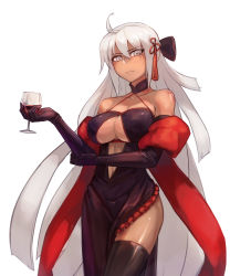 Rule 34 | 1girl, absurdres, ahoge, black thighhighs, bow, breasts, cleavage, cleavage cutout, clothing cutout, cowboy shot, cup, cupping glass, dark-skinned female, dark skin, dress, drinking glass, elbow gloves, eyes visible through hair, fate/grand order, fate (series), frown, gloves, grey eyes, hair between eyes, hair bow, hair ornament, halterneck, highres, holding, koha-ace, large breasts, long hair, looking at viewer, majin saber, midriff peek, okita souji (fate), okita souji (koha-ace), okita souji alter (fate), silver hair, solo, standing, tagme, thighhighs, thighs, v-shaped eyebrows, very long hair, white background, wine glass
