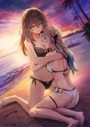 2girls alternate_costume ass bare_legs bare_shoulders barefoot beach bikini black_bikini black_hairband breasts commission feet firefly_(honkai:_star_rail) grey_hair hair_ornament hairband highres honkai:_star_rail honkai_(series) hug isome legs long_hair lying medium_breasts multiple_girls navel ocean on_stomach palm_tree pixiv_commission sand stelle_(honkai:_star_rail) sunset swimsuit toes trailblazer_(honkai:_star_rail) tree white_bikini yellow_eyes yuri