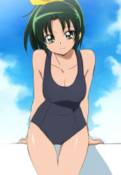 Rule 34 | 10s, 1girl, breasts, cleavage, green eyes, green hair, looking at viewer, matching hair/eyes, midorikawa nao, oimanji, one-piece swimsuit, ponytail, precure, school swimsuit, short hair, smile, smile precure!, solo, swimsuit, thigh gap
