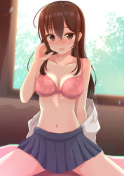 Rule 34 | 1girl, aibumi, bare arms, bare shoulders, black skirt, blush, bra, breasts, brown eyes, brown hair, cleavage, collarbone, collared shirt, commentary request, day, hair between eyes, highres, indoors, long hair, looking at viewer, medium breasts, navel, nose blush, original, parted lips, pink bra, pleated skirt, school uniform, shirt, sidelocks, sitting, skirt, solo, spread legs, sunlight, underwear, white shirt, window