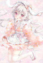 Rule 34 | 1girl, :d, amedamacon, animal ears, apron, blush, commentary request, fake animal ears, floppy ears, frilled apron, frilled hairband, frills, full body, garter straps, grey hair, hair between eyes, hairband, highres, japanese clothes, kimono, long hair, long sleeves, looking at viewer, maid, open mouth, original, pinching sleeves, pink footwear, pink hairband, pink kimono, rabbit ears, red eyes, sandals, sleeves past wrists, smile, solo, thighhighs, very long hair, wa maid, white apron, white thighhighs, wide sleeves, zouri