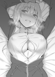 Rule 34 | 10s, 1girl, bed sheet, blush, bow, bowtie, breasts, breath, collared shirt, commentary request, covered erect nipples, deras, greyscale, gridman universe, jacket, large breasts, long sleeves, looking at viewer, lying, monochrome, on back, on bed, open clothes, open jacket, paizuri invitation, shinjou akane, shirt, short hair, smile, solo, ssss.gridman, sweat, upper body, wing collar