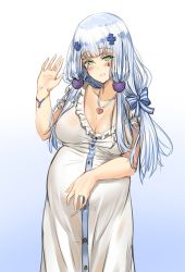 Rule 34 | 1girl, bishi (bishi), blush, bracelet, breasts, cleavage, girls&#039; frontline, green eyes, hair ornament, highres, hk416 (girls&#039; frontline), jewelry, long hair, necklace, pregnant, silver hair, simple background, smile, solo, waving