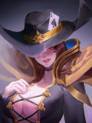 Rule 34 | 1girl, ace (playing card), ace of spades, black headwear, breasts, brown hair, cleavage, facial mark, genderswap, genderswap (mtf), gold trim, grey background, hand up, highres, large breasts, league of legends, lolittleboy, long hair, looking at viewer, playing card, smile, spade (shape), twisted fate, upper body