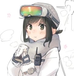 Rule 34 | 1girl, alternate costume, beanie, black eyes, black gloves, black hair, can, commentary request, eating, fingerless gloves, fubuki (kancolle), gloves, goggles, goggles on head, grey hat, grey scarf, hat, highres, jacket, kantai collection, low ponytail, ma rukan, ponytail, portrait, romaji commentary, scarf, short ponytail, sidelocks, solo, upper body, white jacket, winter clothes