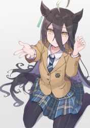 Rule 34 | 1girl, ahoge, animal ears, black hair, black pantyhose, blazer, blue necktie, blue skirt, brown eyes, brown jacket, closed mouth, collared shirt, commentary request, diagonal-striped clothes, diagonal-striped necktie, diagonal-striped neckwear, grey background, hair between eyes, hands up, highres, horse ears, horse girl, horse tail, jacket, long hair, long sleeves, looking at viewer, manhattan cafe (umamusume), mochiki, multicolored hair, necktie, no shoes, pantyhose, plaid, plaid skirt, pleated skirt, purple hair, school uniform, shirt, sitting, skirt, solo, striped clothes, striped necktie, striped neckwear, tail, two-tone hair, umamusume, very long hair, wariza, white shirt