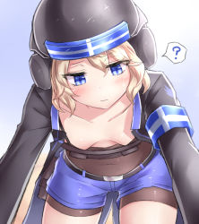 Rule 34 | 1girl, ?, armband, belt, blonde hair, blue eyes, breasts, collarbone, commentary request, downblouse, gradient background, helmet, highres, jacket, long sleeves, navel, neit ni sei, original, shirt, short hair, shorts, small breasts, solo, spoken question mark, tight clothes, tight shirt