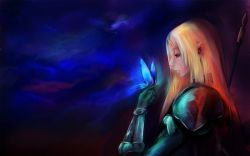 Rule 34 | 00s, 1girl, animal, blonde hair, bug, butterfly, butterfly on hand, claymore (series), from side, galatea, insect, long hair, pointy ears, solo, upper body, very long hair, wallpaper