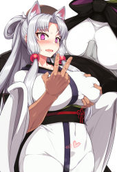 Rule 34 | 1girl, animal ears, blush, breasts, bulge, coat, covered navel, erection, erection under clothes, grabbing, grabbing another&#039;s breast, grabbing from behind, groin, groping, japanese clothes, large breasts, long hair, null (nyanpyoun), purple eyes, pussy juice, sidelocks, simple background, sleeveless, sleeveless coat, tail, touhoku itako, v, very long hair, voiceroid, white background