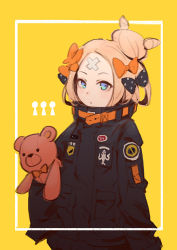 Rule 34 | 1girl, :o, abigail williams (fate), abigail williams (traveling outfit) (fate), bandaid, bandaid on face, bandaid on forehead, black bow, black dress, blonde hair, blue eyes, bow, commentary request, dress, fate/grand order, fate (series), hair bow, hair bun, keyhole, long hair, long sleeves, looking at viewer, hugging object, official alternate costume, orange bow, parted bangs, parted lips, polka dot, polka dot bow, single hair bun, sleeves past fingers, sleeves past wrists, solo, stuffed animal, stuffed toy, teddy bear, vienri, yellow background