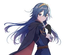 1girl armor blue_eyes blue_hair blush cape fingerless_gloves fire_emblem fire_emblem_awakening gloves hair_between_eyes jewelry long_hair looking_at_viewer lucina_(fire_emblem) nintendo ryon_(ryonhei) simple_background solo tiara white_background