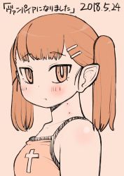 Rule 34 | 1girl, absurdres, bite mark, blush, bright pupils, camisole, closed mouth, cross, dated, female focus, hair ornament, hairclip, highres, latin cross, leonardo 16sei, looking at viewer, looking to the side, monochrome, orange theme, original, pointy ears, simple background, solo, twintails, upper body, white pupils