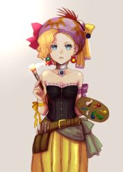Rule 34 | 1girl, art brush, bad id, bad pixiv id, bare shoulders, blonde hair, blue eyes, commentary request, earrings, final fantasy, final fantasy vi, hat, jewelry, looking at viewer, medium hair, open mouth, paintbrush, rabihiko, relm arrowny, solo