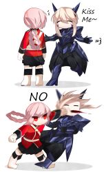 Rule 34 | 2girls, 2koma, ^ ^, armor, artoria pendragon (fate), artoria pendragon (lancer alter) (fate), bad id, bad twitter id, blonde hair, blood, blood from mouth, braid, closed eyes, comic, commentary request, english text, fate/grand order, fate (series), florence nightingale (fate), gauntlets, hair between eyes, highres, hochikass, horns, in the face, long sleeves, military, military uniform, motion blur, multiple girls, pink hair, red eyes, smile, uniform