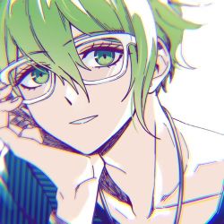 Rule 34 | 1boy, amami rantaro, bespectacled, collarbone, commentary request, danganronpa (series), danganronpa v3: killing harmony, glasses, green eyes, green hair, grey shirt, hair between eyes, hand up, head rest, jewelry, kanata (loser51), lowres, male focus, necklace, parted lips, portrait, shirt, solo, striped clothes, striped shirt