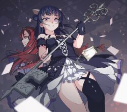 Rule 34 | 2girls, animal ears, azukilib, bare shoulders, black bow, black gloves, black thighhighs, blue gloves, blue hair, blurry, blurry foreground, bow, breasts, cat ears, confetti, dress, dutch angle, elbow gloves, feathered wings, female focus, frilled dress, frills, from below, gem, gloves, grin, hair bun, hand up, happy, holding, holding key, key, lantern, layered dress, long hair, looking at viewer, looking back, love live!, love live! sunshine!!, multiple girls, off-shoulder dress, off shoulder, oversized object, pink eyes, red gemstone, red hair, red wings, sakurauchi riko, sidelocks, single hair bun, single thighhigh, skindentation, small breasts, smile, sparkle, standing, teeth, thighhighs, tsushima yoshiko, v-shaped eyebrows, wind, wings, yellow eyes, yellow tiara
