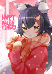 Rule 34 | 1girl, absurdres, animal ears, bad id, bad pixiv id, black hair, blurry, blush, bokeh, closed mouth, coat, depth of field, flipped hair, from side, hair between eyes, hair ornament, hairclip, happy valentine, highres, hololive, long hair, looking at viewer, low-tied long hair, multicolored hair, ookami mio, red coat, red hair, scarf, smile, snowing, solo, streaked hair, upper body, valentine, very long hair, virtual youtuber, wappa, white hair, wolf ears, yellow eyes