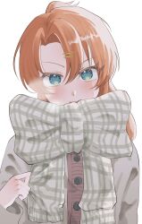 Rule 34 | 1girl, :d, adjusting scarf, blue eyes, blush, bow, breath, brown cardigan, buttons, cardigan, colored eyelashes, commentary, green eyes, grey scarf, h eaven ly, hair ornament, hairclip, highres, long hair, looking at viewer, open mouth, orange hair, parted bangs, plaid, plaid scarf, ponytail, ramona wolf, scarf, scarf bow, simple background, smile, solo, symbol-only commentary, two-tone eyes, upper body, white background, world dai star