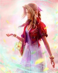 Rule 34 | 1girl, aerith gainsborough, artist name, basket, bolo tie, bracelet, braid, breasts, brown hair, commentary, cowboy shot, cropped jacket, curled fingers, dress, english commentary, final fantasy, final fantasy vii, final fantasy vii remake, flower, flower basket, gold bracelet, green eyes, hair intakes, hair ribbon, hand up, highres, holding, holding basket, instagram username, jacket, jewelry, lily (flower), long hair, medium breasts, necklace, open clothes, open jacket, pink dress, pink ribbon, red jacket, ribbon, sidelocks, signature, single braid, solo, square enix, tylor hepner, watermark, wicker basket, yellow flower, zipper