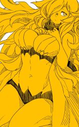 Rule 34 | 1girl, abyssal ship, breasts, cleavage, closed mouth, commentary request, dress, french battleship princess, hair over one eye, hands on own chest, highres, kantai collection, large breasts, long hair, looking at viewer, monochrome, orange theme, oso (toolate), simple background, sketch, solo, very long hair