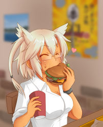 Rule 34 | 10s, 1girl, alternate costume, blonde hair, bracelet, breasts, burger, casual, cleavage, collar, collared shirt, cup, dark-skinned female, dark skin, eating, eyebrows, closed eyes, food, food on face, glasses, hair between eyes, heart, highres, holding, holding cup, jewelry, kantai collection, large breasts, musashi (kancolle), n., semi-rimless eyewear, shirt, short hair with long locks, sleeves rolled up, solo, two side up, white shirt, wristband