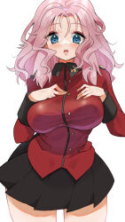 Rule 34 | 1girl, black skirt, blaze (blazeillust), breasts, commentary, cowboy shot, eyeliner, frown, girls und panzer, hands on own chest, highres, jacket, large breasts, long sleeves, looking at viewer, makeup, medium hair, military uniform, miniskirt, open mouth, peach (girls und panzer), pink hair, pleated skirt, red jacket, simple background, skirt, solo, st. gloriana&#039;s military uniform, standing, uniform, wavy hair, white background