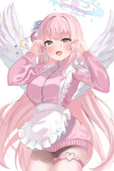 Rule 34 | 1girl, absurdres, angel wings, apron, blue archive, halo, highres, jacket, maid apron, mika (blue archive), pink hair, pink halo, syuma, track jacket, wings, yellow eyes