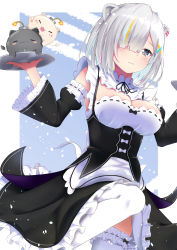 Rule 34 | 1girl, absurdres, alternate costume, animal ears, blush, bomb, breasts, cleavage, closed mouth, detached sleeves, dress, explosive, frilled thighhighs, frills, grey eyes, grey hair, hair between eyes, hair over one eye, highres, holding, holding tray, holofive, hololive, large breasts, lion ears, lion girl, lit fuse, looking at viewer, maid, medium hair, mira bluesky3, multicolored hair, shishiro botan, ssrb (shishiro botan), streaked hair, thighhighs, tray, virtual youtuber, white thighhighs, zettai ryouiki