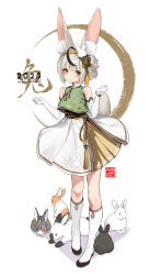 Rule 34 | 1girl, 2023, ahoge, animal, animal ear fluff, animal ears, bare shoulders, bell, black footwear, brown eyes, chinese zodiac, closed mouth, commentary request, crescent, daniel deng, elbow gloves, full body, gloves, green shirt, grey hair, hair bell, hair ornament, hairband, hands up, happy new year, highres, jingle bell, kneehighs, looking at viewer, new year, orange hairband, original, pleated skirt, rabbit, rabbit ears, rabbit girl, rabbit hair ornament, rabbit tail, shadow, shirt, shoes, short hair, skirt, sleeveless, sleeveless shirt, smile, socks, solo, standing, tail, white gloves, white skirt, white socks, year of the rabbit