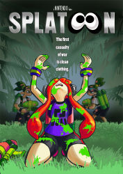 Rule 34 | 3girls, arms up, backpack, bag, battle, bike shorts, black shorts, clothes writing, commentary, defeat, full body, gameplay mechanics, goggles, grass, green hair, gym uniform, headgear, holding, holding weapon, ink tank (splatoon), inkling, inkling girl, inkling player character, kneeling, long hair, looking up, monster girl, multiple girls, nintendo, open mouth, orange hair, paint, paint splatter, palm tree, parody, platoon, pointy ears, ponytail, purple shirt, rainforest, scylla, sergeant gordon elias, shirt, short sleeves, shorts, solo focus, splatoon (series), splatoon 1, splatter, splattershot (splatoon), standing, super soaker, sweatband, tentacle hair, topknot, tree, twintails, velox, video game, weapon