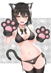 Rule 34 | 1girl, animal ear fluff, animal ears, animal hands, argyle, argyle background, argyle clothes, bare arms, bare shoulders, bell, bikini, black bikini, black hair, black thighhighs, bow, bowtie, breasts, brown eyes, cat cutout, cat ears, cat girl, cat tail, chain, cleavage, clothing cutout, collarbone, commentary request, cowboy shot, extra ears, fangs, frown, gloves, groin, hair ornament, hands up, highres, jingle bell, karutamo, large breasts, looking at viewer, medium hair, navel, open mouth, original, paw gloves, side-tie bikini bottom, sidelocks, skindentation, solo, standing, stomach, swimsuit, tail, thighhighs, thighs, v-shaped eyebrows