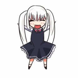 Rule 34 | albino, animated, animated gif, chibi, dress, closed eyes, female focus, innocent key, kooh, long hair, lowres, pangya, parody, red eyes, smile, solo, touhou, twintails, white hair