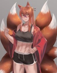 Rule 34 | 1girl, abs, animal ear fluff, animal ears, black shorts, black sports bra, breasts, brown hair, clenched hand, commission, dated commentary, dolphin shorts, ear piercing, fingernails, fox ears, fox girl, fox tail, hair between eyes, hair ornament, hair stick, highres, hunyan, kitsune, kyuubi, large breasts, large tail, long hair, midriff, multiple tails, navel, off shoulder, open clothes, open robe, orange eyes, original, piercing, ponytail, red robe, robe, shorts, sidelocks, solo, sports bra, standing, tail, white tail