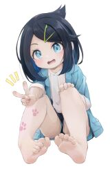 Rule 34 | 1girl, absurdres, aged down, barefoot, black hair, black shorts, blue eyes, blue jacket, blush, commentary request, cowlick, creatures (company), feet, flat chest, game freak, hair ornament, hairclip, highres, jacket, knees up, liko (pokemon), looking at viewer, medium hair, nintendo, open mouth, paw print, pokemon, pokemon (anime), pokemon horizons, shirt, shorts, simple background, sitting, soles, solo, swept bangs, teeth, toes, upper teeth only, utatanecocoa, v, white background, white shirt