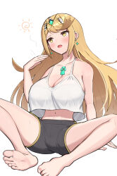 Rule 34 | absurdres, alternate costume, barefoot, breasts, chest jewel, core crystal (xenoblade), gonzarez, highres, large breasts, mythra (xenoblade), simple background, white background, xenoblade chronicles (series), xenoblade chronicles 2