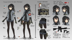 Rule 34 | 1girl, :c, armband, ass, assault rifle, bag, black hair, black pantyhose, blue eyes, breasts, canadian flag, character name, character sheet, color guide, english text, expressions, flat ass, full body, glock, glock 26, gloves, gradient background, green gloves, gun, handgun, high ponytail, highres, holster, long hair, long legs, m4 carbine, messenger bag, military operator, multiple views, name tag, ndtwofives, original, pantyhose, ponytail, pouch, rifle, shoes, short shorts, shorts, shoulder bag, sig pro, sig sauer, sleeves rolled up, small breasts, smile, sneakers, thigh holster, thigh pouch, turtleneck, vivian zhao, weapon