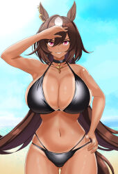 Rule 34 | 1girl, absurdres, alternate costume, animal ears, anus, arm up, armpits, beach, bikini, black bikini, black choker, blue sky, breasts, brown hair, choker, cleavage, cloud, cloudy sky, commentary request, cowboy shot, ear ornament, hand on own hip, highres, horse ears, horse girl, horse tail, jewelry, large breasts, looking at viewer, multicolored hair, navel, necklace, ocean, outdoors, red eyes, sand, sirius symboli (umamusume), sky, solo, streaked hair, swimsuit, tail, tan, tanline, tessa (uma orfevre), umamusume, water, white hair