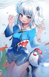 Rule 34 | 1girl, :d, air bubble, animal, bloop (gawr gura), blue eyes, blue hair, blue hoodie, blue nails, blue socks, bubble, claw pose, commentary request, drawstring, fins, fish, fish tail, gawr gura, gawr gura (1st costume), hair ornament, hands up, highres, hololive, hololive english, hood, hood down, hoodie, kubong, multicolored hair, nail polish, open mouth, shark, sharp teeth, shoes, smile, socks, streaked hair, tail, teeth, two side up, underwater, virtual youtuber, water, white footwear, white hair